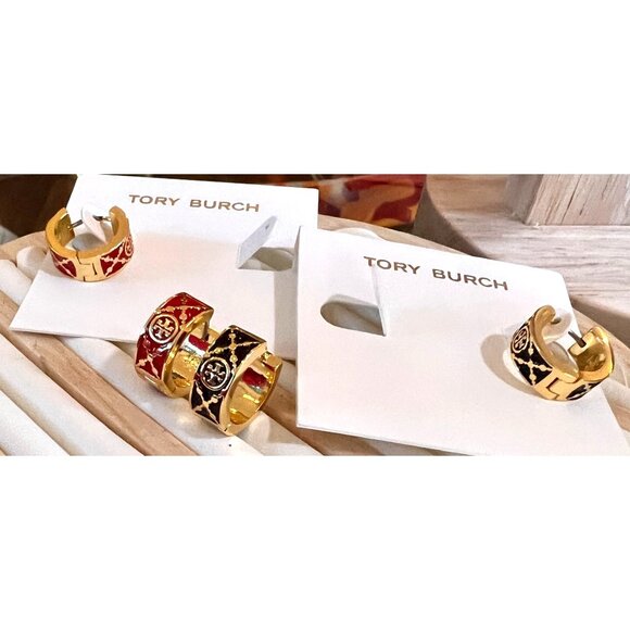 SET OF TWO - Tory Burch Red and Gold and Black and Gold Monogram Huggies - Picture 8 of 8